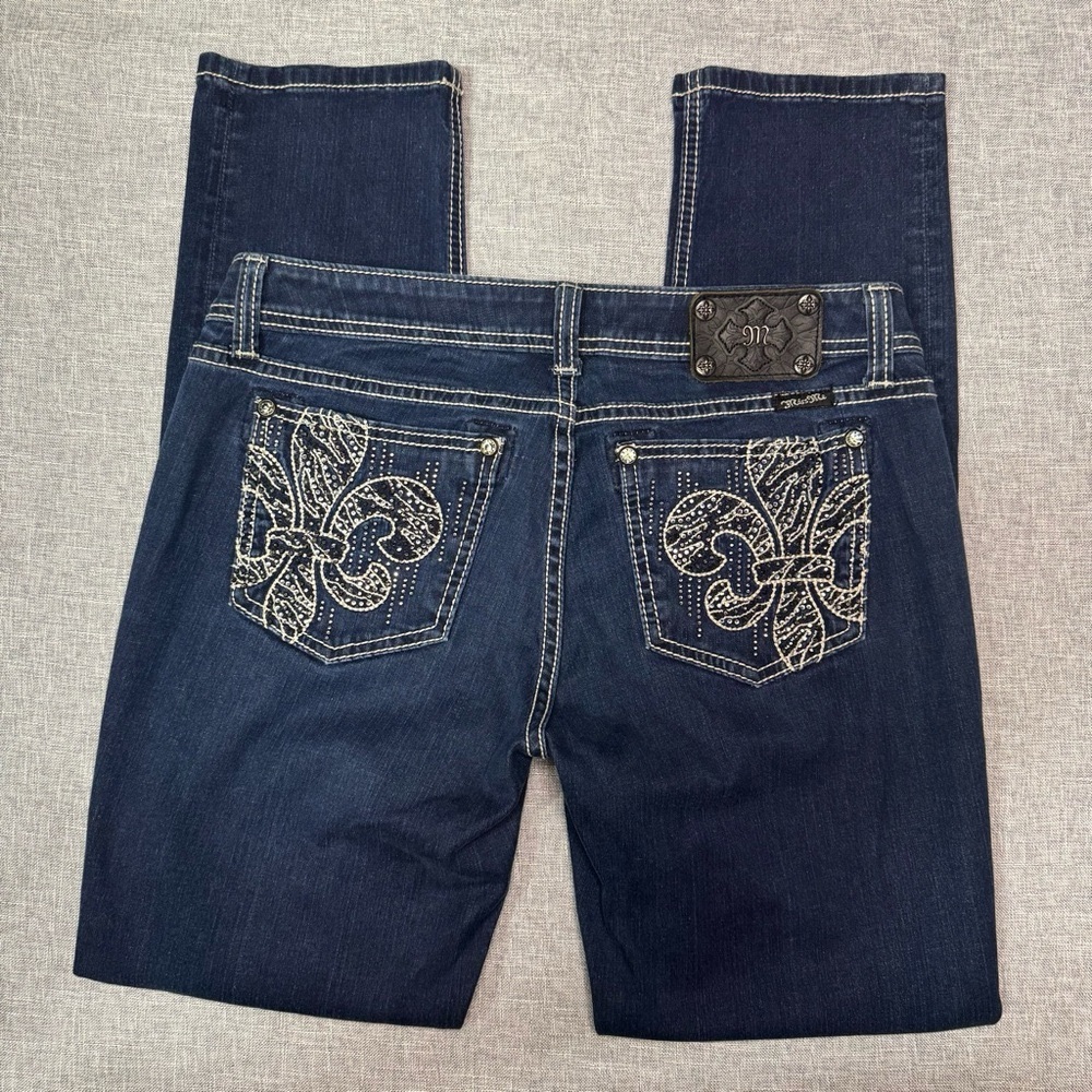 Miss Me Easy Skinny Jean Fleur De Lis Dark Wash Jeans Rhinestone Bling Size 31 - Picture 6 of 10